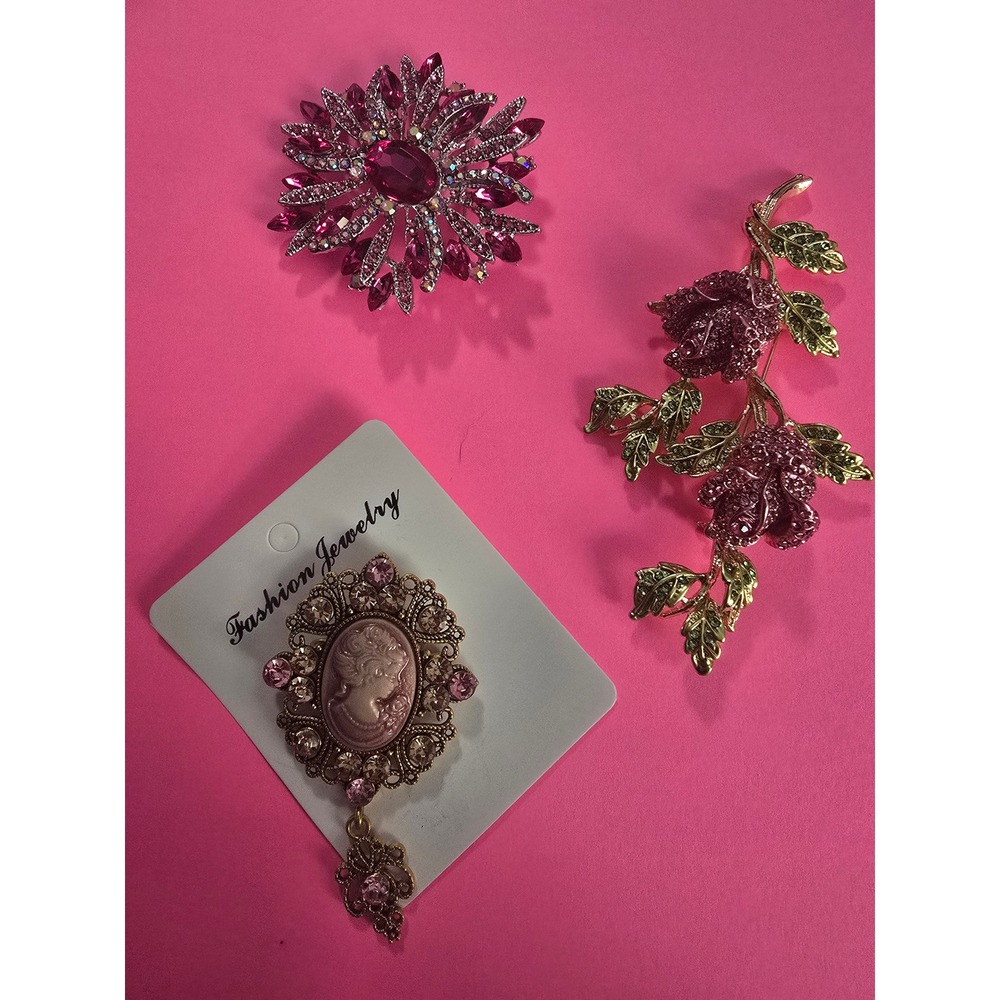 3 Pink Vintage Style Rhinestone Brooches Floral Rose Sunburst and Cameo Pin Lot